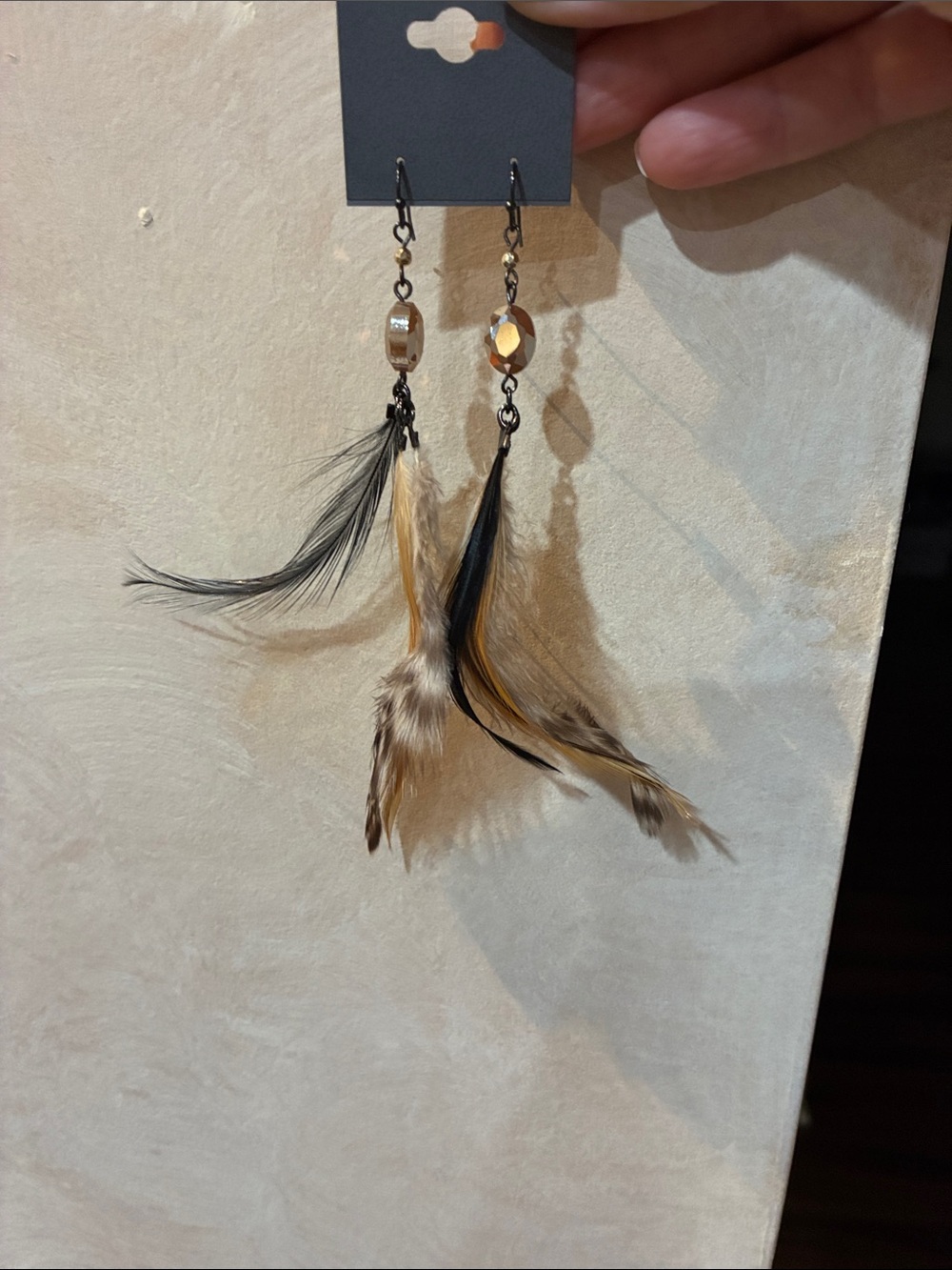 Express Feather Drop Earrings - Black and Tan
